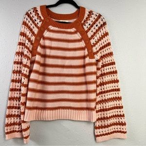 Anthropologie Maeve Eva Crochet Sleeves Cotton Peach Sweater Women’s Size Medium